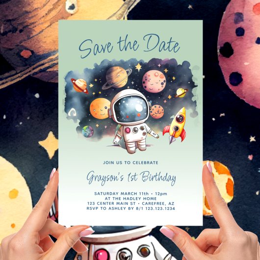 Sla de datum Outerspace Planets 1e verjaardag op Save The Date