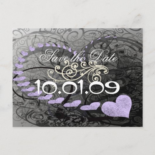 Sla de datum Paarse en grijze harten en wervelen Aankondigingskaart (Voorkant)