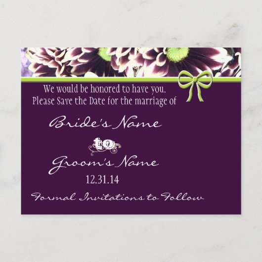 Sla de datum Paarse en Limoen Daisies op Aankondigingskaart (Achterkant)