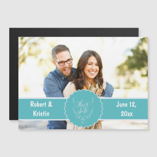 Sla de datum paren foto Blauwgroen Magnetische Uitnodiging