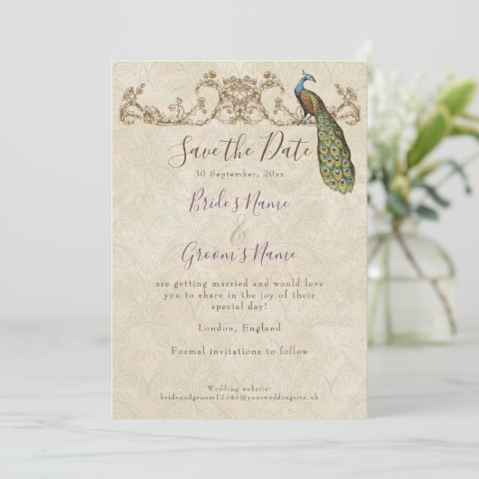 Sla de datum, pauw & ets bruiloft kaart (Staand voorkant)