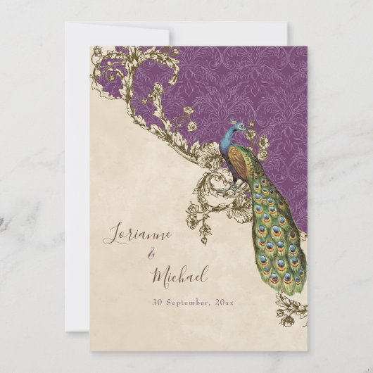 Sla de datum, pauw & ets bruiloft kaart (Achterkant)