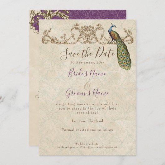 Sla de datum, pauw & ets bruiloft kaart (Voorkant / Achterkant)