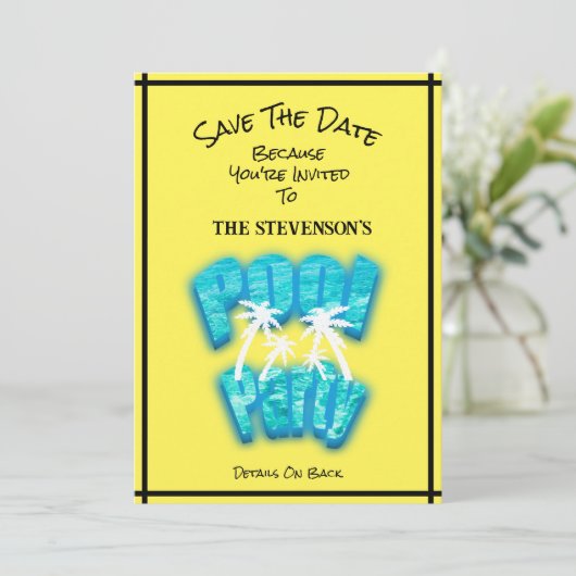 Sla de datum Pool Party Fun Verjaardag Geel Save The Date (Staand voorkant)
