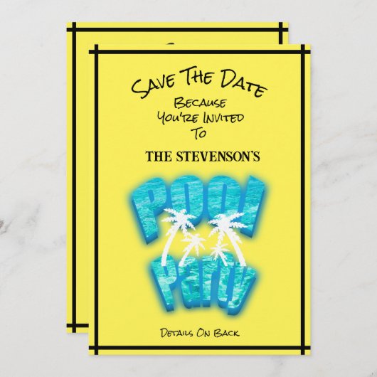 Sla de datum Pool Party Fun Verjaardag Geel Save The Date (Voorkant / Achterkant)
