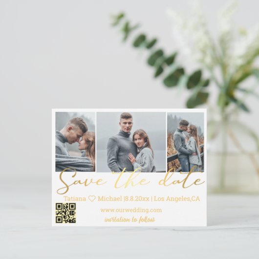 sla de datum qr code 3 fotocollage huwelijksgoud o aankondigingskaart (Staand voorkant)