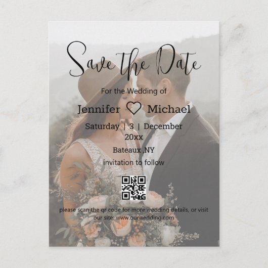 sla de datum qr code paar getande fotobruiloft op aankondigingskaart (Voorkant)