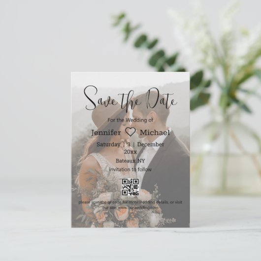 sla de datum qr code paar getande fotobruiloft op aankondigingskaart (Staand voorkant)