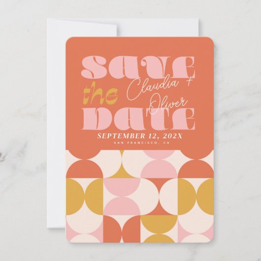 Sla de datum, Retro, boog foto, 70's roze Save The Date (Voorkant)