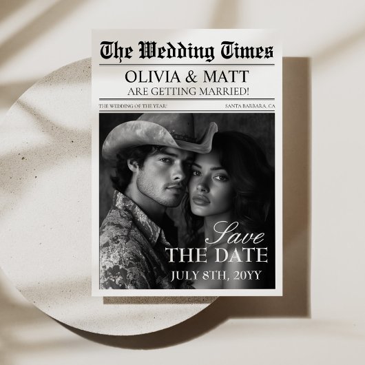 Sla de datum retro kranten bruiloft save the date