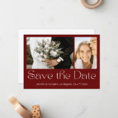 Sla de datum rood wit 2 foto's collage bruiloft notitiekaartje (Voorkant / Achterkant in situ)