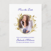 Sla de datum Royal Blue en Gold Leaf Lijst Foto Aankondigingskaart (Voorkant)