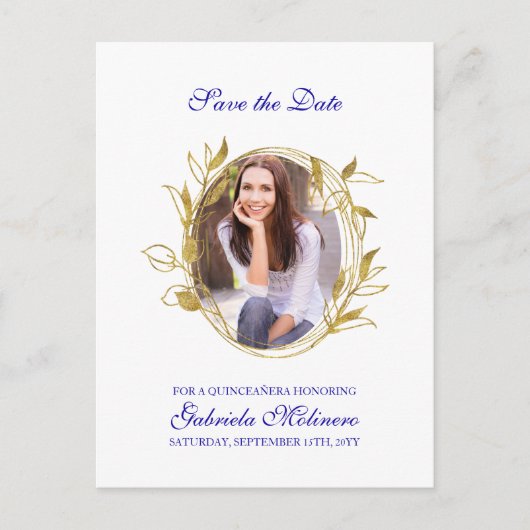 Sla de datum Royal Blue en Gold Leaf Lijst Foto Aankondigingskaart (Voorkant)