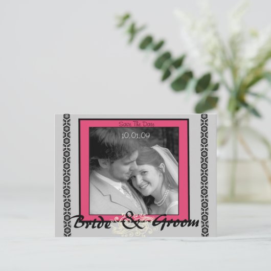 Sla de datum roze en grijs op met uw foto aankondigingskaart (Staand voorkant)