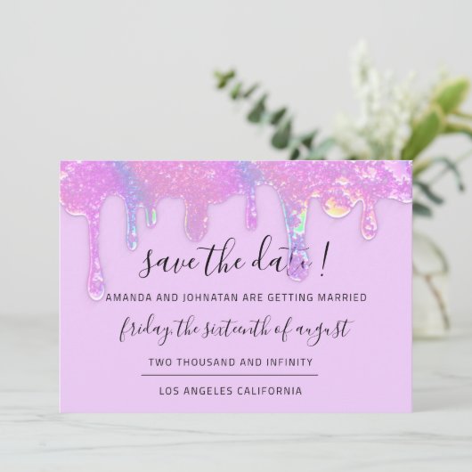 Sla de datum roze holografische schijven Paars op Save The Date (Staand voorkant)
