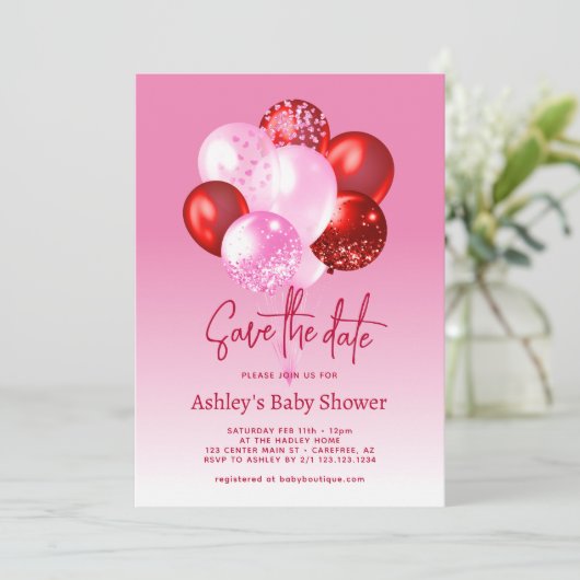 Sla de datum roze rood Baby shower op Save The Date (Staand voorkant)