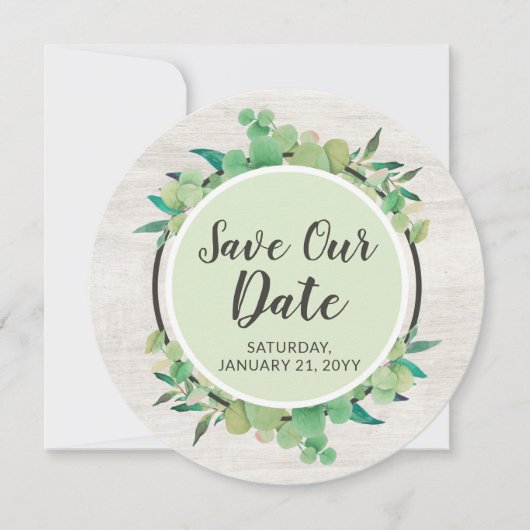 Sla de datum rustiek hout & eucalyptus botanisch kaart (Voorkant)