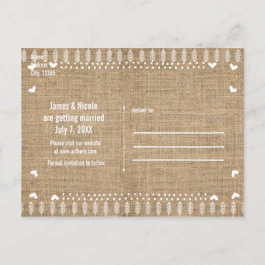 Sla de datum rustieke Burlap foto uitnodiging (Achterkant)