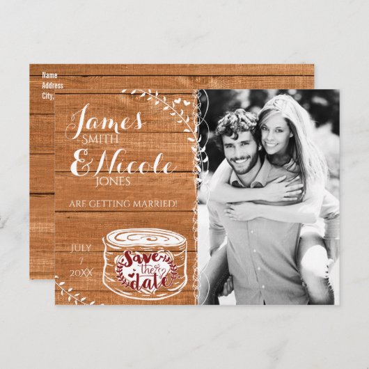 Sla de datum rustieke eiken hout & hart stomp foto aankondigingskaart (Voorkant / Achterkant)