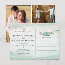 Sla de datum rustieke hout bloemen foto collage briefkaart