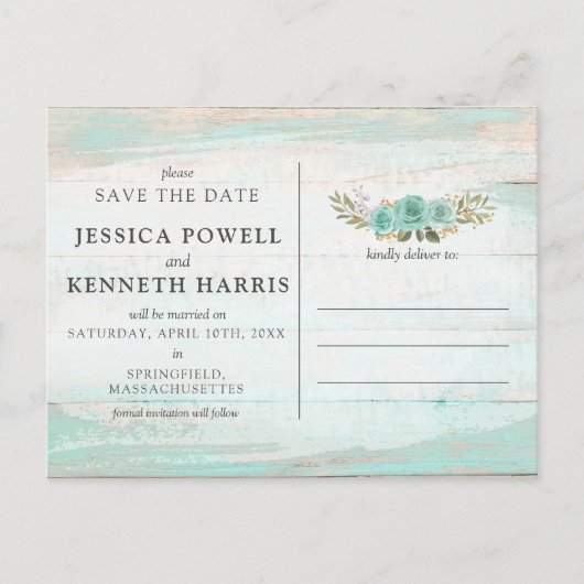 Sla de datum rustieke hout bloemen foto collage briefkaart (Voorkant)