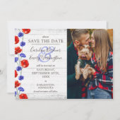 Sla de datum rustieke hout rode klaproos 4-foto ka kaart (Voorkant)