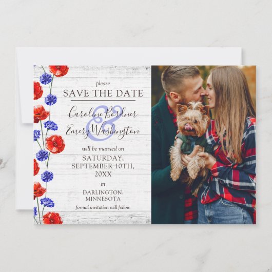 Sla de datum rustieke hout rode klaproos 4-foto ka kaart (Voorkant)