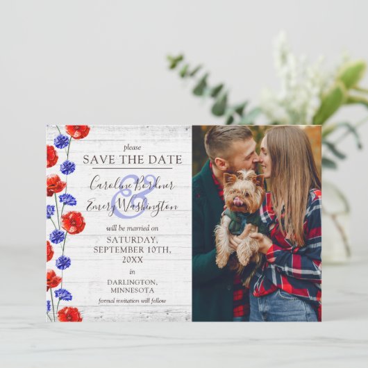 Sla de datum rustieke hout rode klaproos 4-foto ka kaart (Staand voorkant)