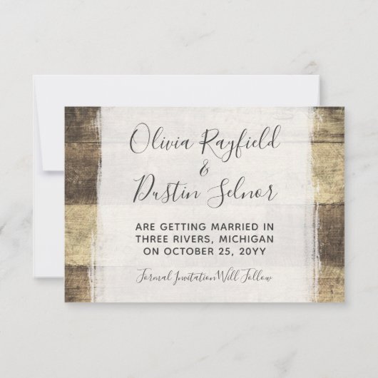 Sla de datum rustieke houten bruiloft aangepaste f save the date (Achterkant)