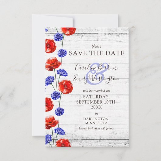 Sla de datum rustieke houten rode papaver bloemige kaart (Voorkant)