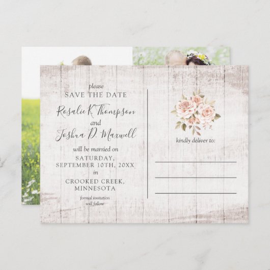 Sla de datum rustieke Rozen foto collage Briefkaar Briefkaart (Voorkant / Achterkant)