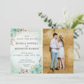 Sla de datum rustieke turquoise bloemen 4-foto kaa kaart (Staand voorkant)