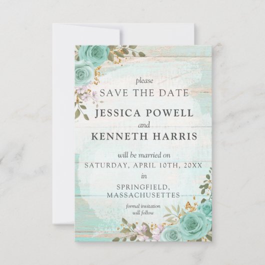 Sla de datum rustieke turquoise bloemige  Kaart (Voorkant)