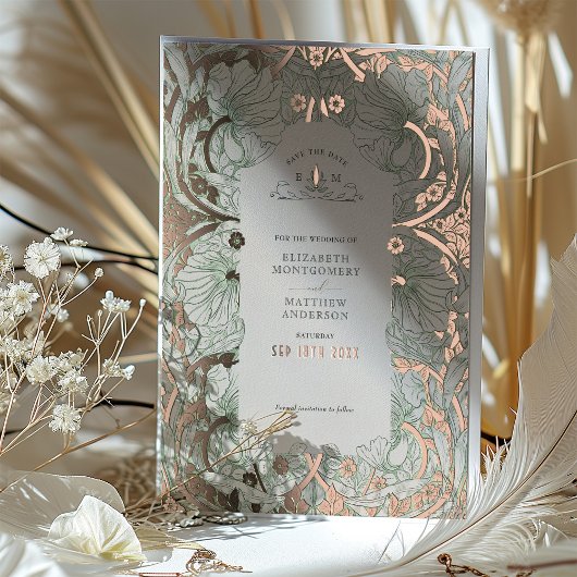 Sla de datum Sage Green Pimpernel Morris op Folie Uitnodiging