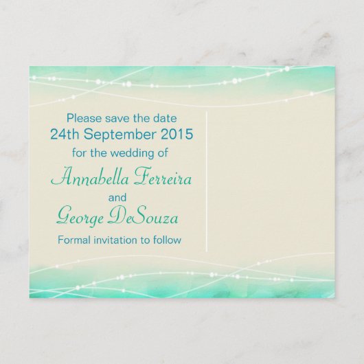 Sla de datum sprankelende zeeen bruiloft briefkaar aankondigingskaart (Achterkant)