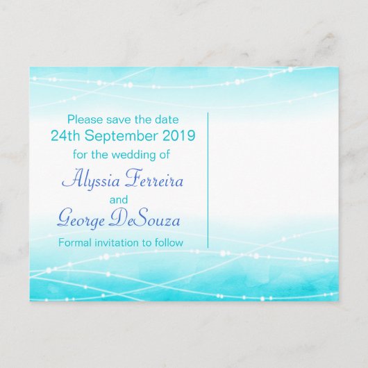 Sla de datum sprankelende zeeen bruiloft briefkaar aankondigingskaart (Achterkant)