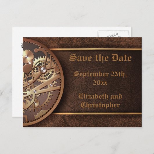 Sla de datum steampunk tandwielen goudbruin aankondigingskaart (Voorkant / Achterkant)