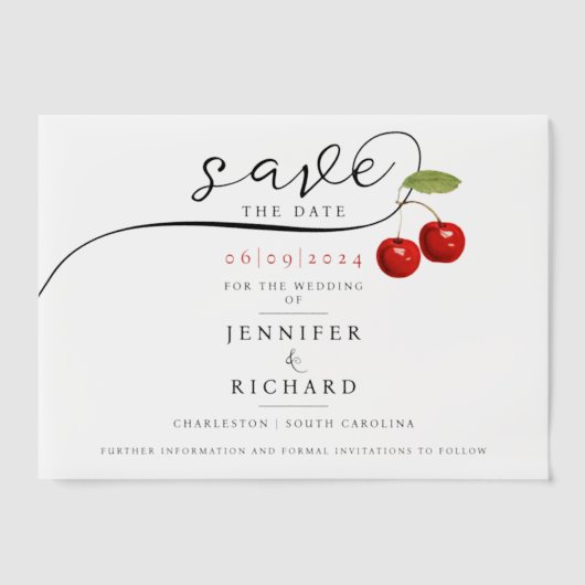 Sla de datum stijlvolle rode kersen bruiloft vellum uitnodigingen (Voorkant)