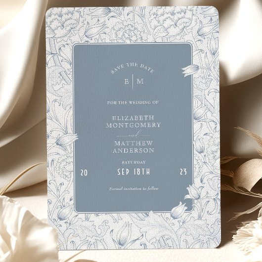 Sla de datum stoffige blauwe elegantie tulpen kaart