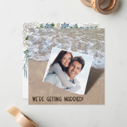 Sla de datum strand bruiloft notitiekaartje (Voorkant / Achterkant in situ)