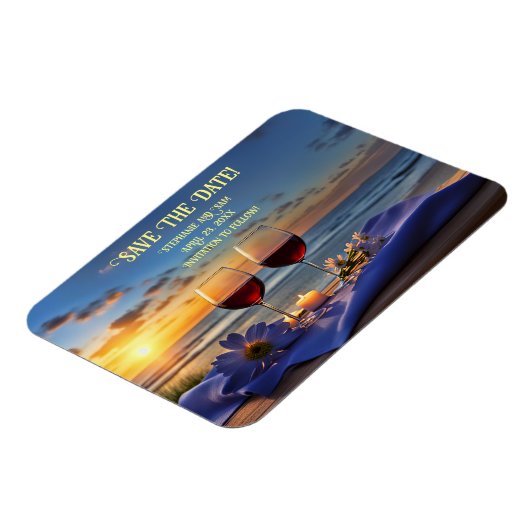 Sla de datum strand en wijn zonsondergang magneet (Linkerzijde)