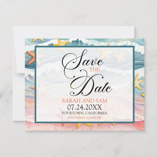 Sla de datum strand of bestemming bruiloft save the date (Voorkant)