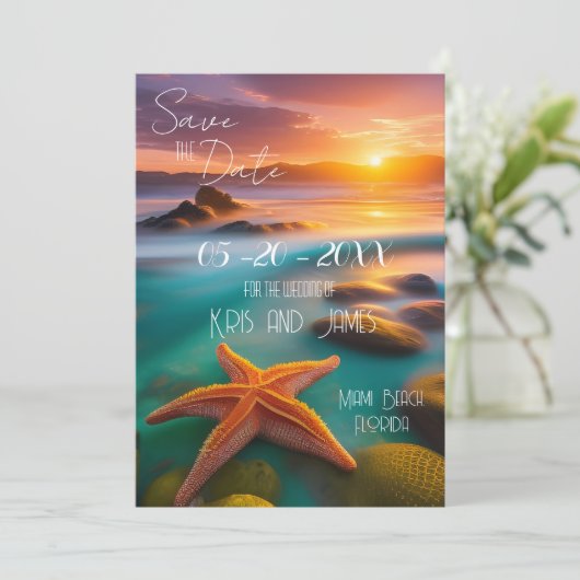 Sla de datum strand zeester uitnodiging op (Staand voorkant)