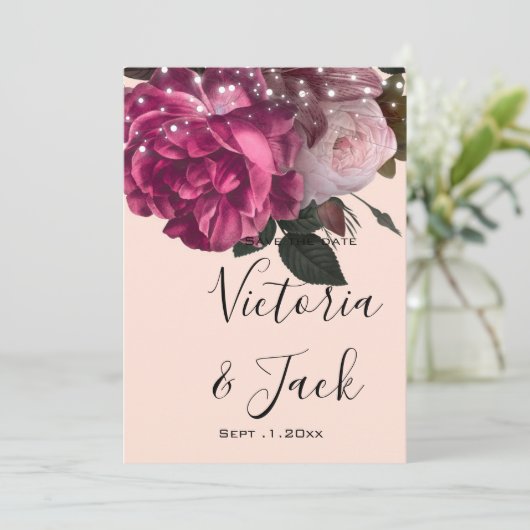 sla de datum String Lights Burgundy Flowers op Kaart (Staand voorkant)