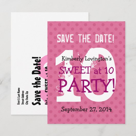 Sla de datum Sweet op 10 verjaardagsfeestje V03A1 Aankondigingskaart (Voorkant / Achterkant)