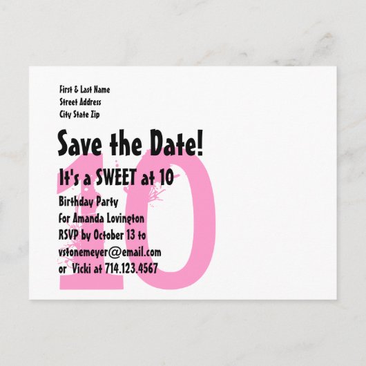 Sla de datum Sweet op 10 verjaardagsfeestje V03A1 Aankondigingskaart (Achterkant)