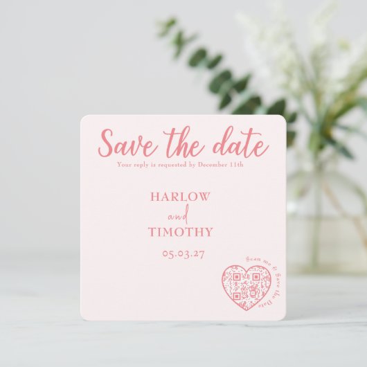Sla de datum Trouwkaart Blush Roze QR-code op Save The Date (Staand voorkant)