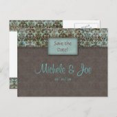 Sla de datum Turquoise Brown Damask Briefkaart (Voorkant / Achterkant)
