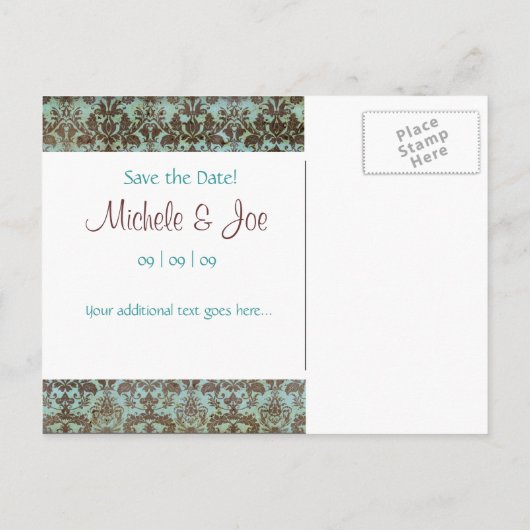 Sla de datum Turquoise Brown Damask Briefkaart (Achterkant)