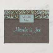 Sla de datum Turquoise Brown Damask Briefkaart (Voorkant)